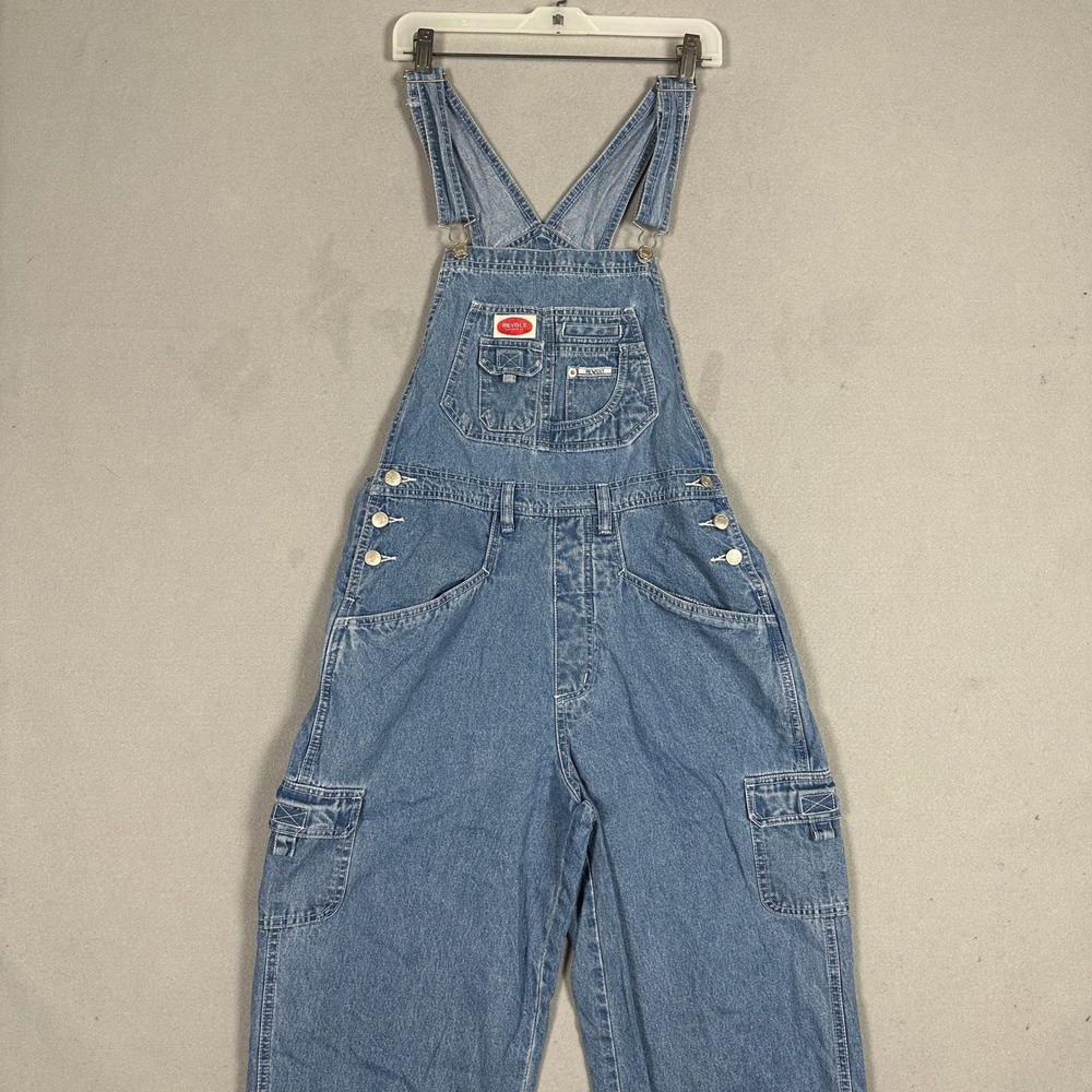 Vintage Revolt Overalls Women Large 90s Denim Blue Cargo Baggy Wide Leg Utility